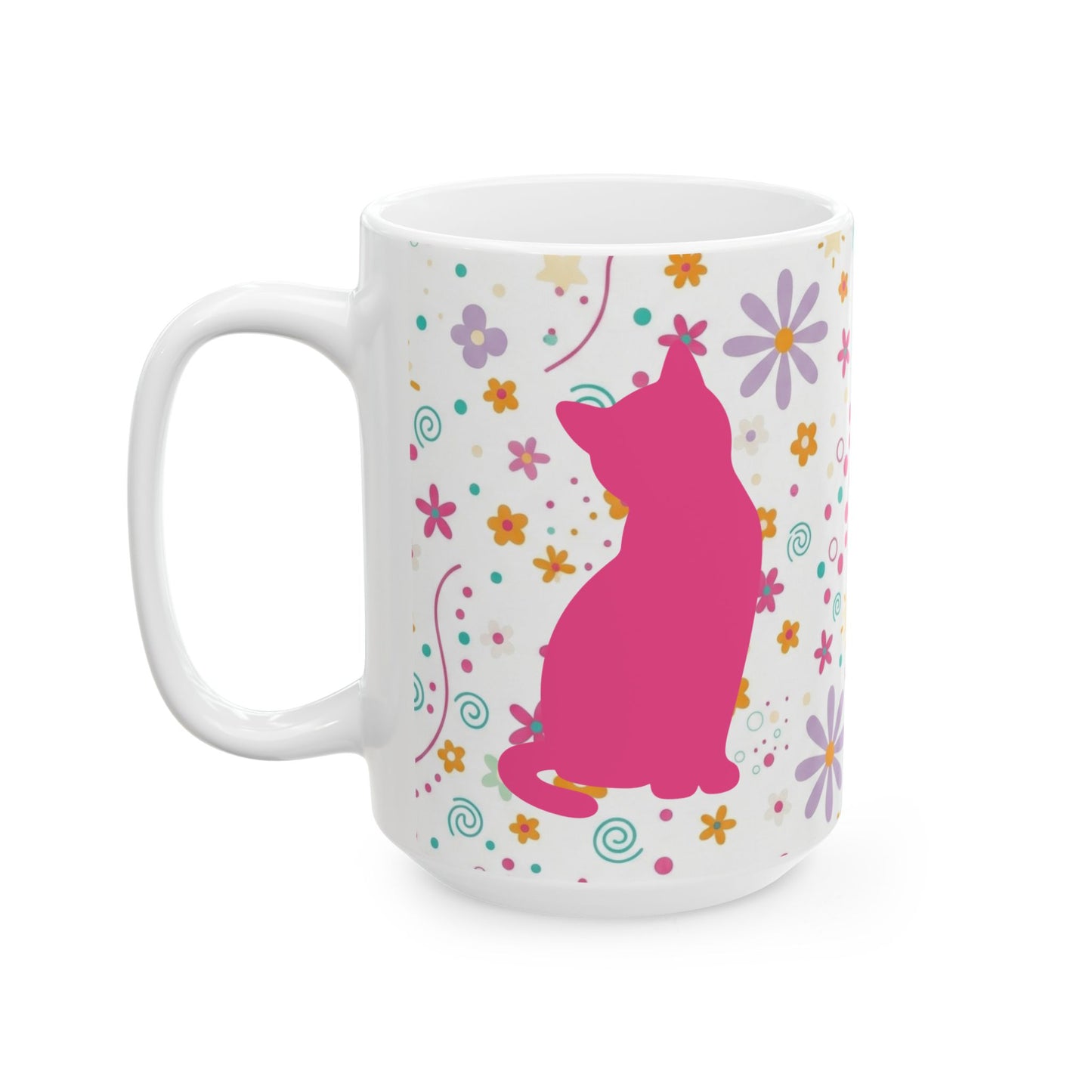 Floral Cat Ceramic Mug – Cute Pastel Kitty & Doodle Flowers (11oz, 15oz)