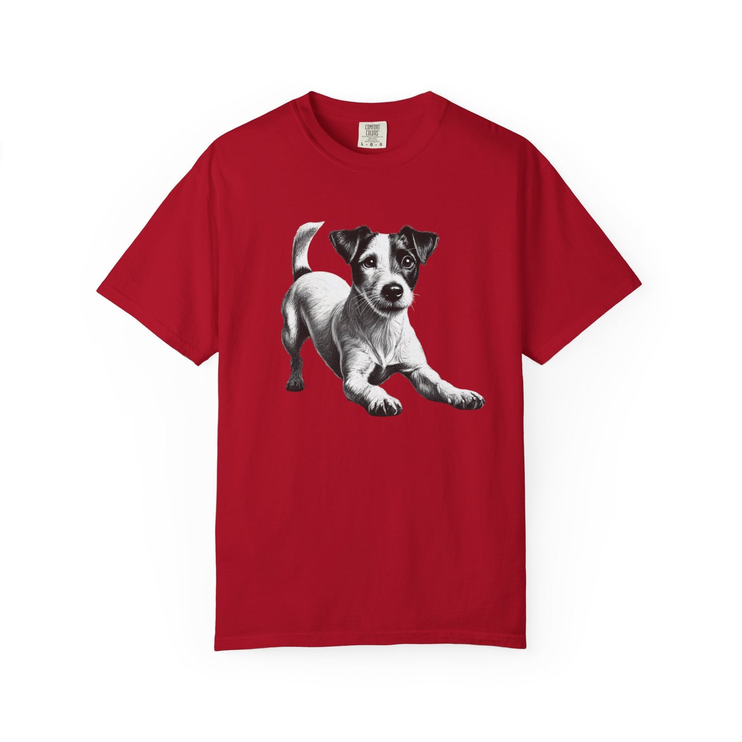 Jack Russell Puppy Graphic T-Shirt — Playful Dog Tee with Paw Print Back