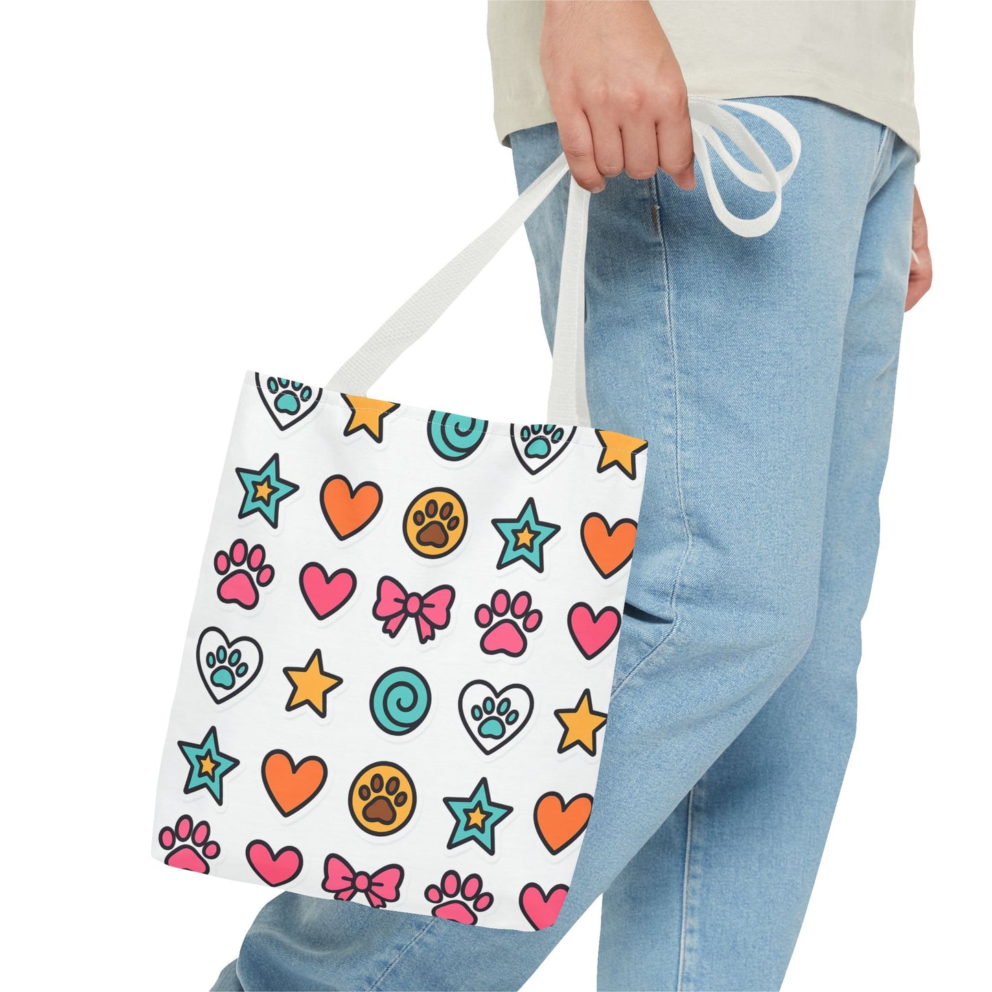 Cute Paw Print Pattern Tote Bag – Colorful Hearts, Stars & Bows All-Over Print