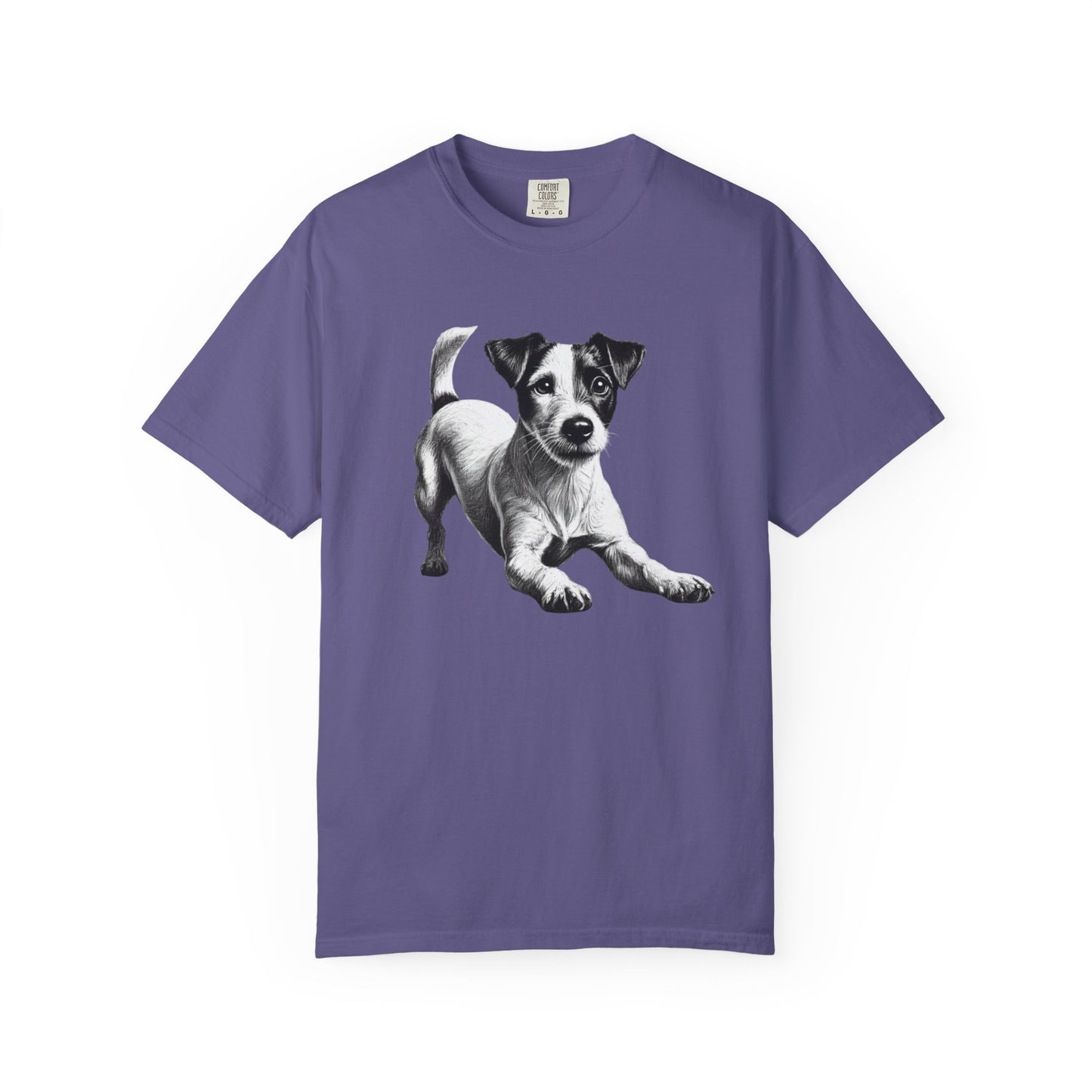 Jack Russell Puppy Graphic T-Shirt — Playful Dog Tee with Paw Print Back