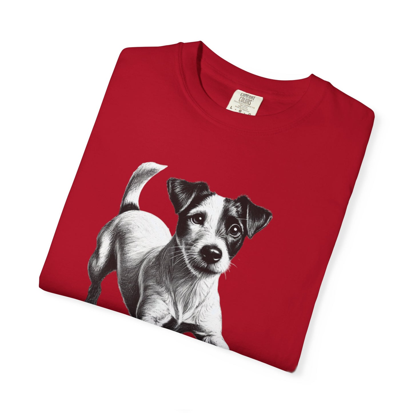 Jack Russell Puppy Graphic T-Shirt — Playful Dog Tee with Paw Print Back