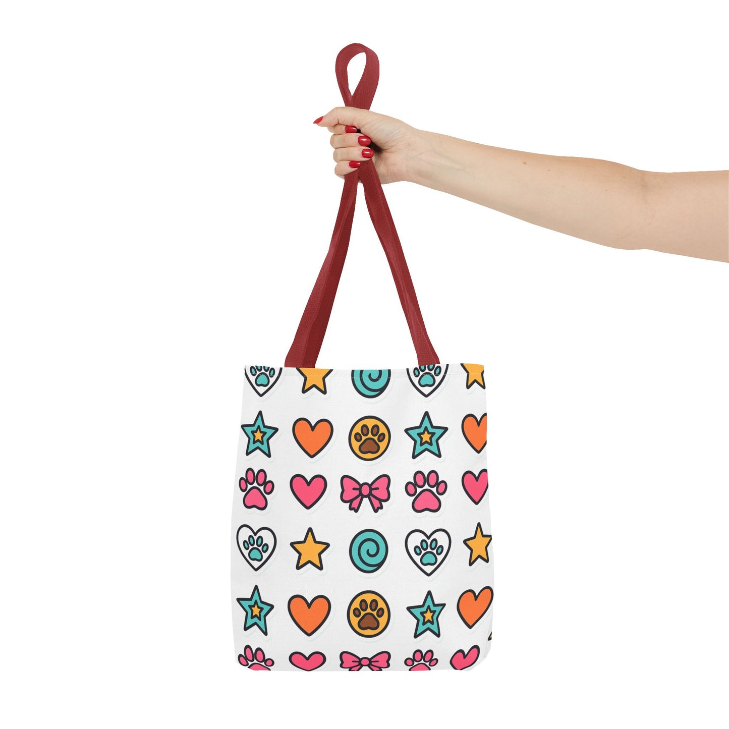 Cute Paw Print Pattern Tote Bag – Colorful Hearts, Stars & Bows All-Over Print