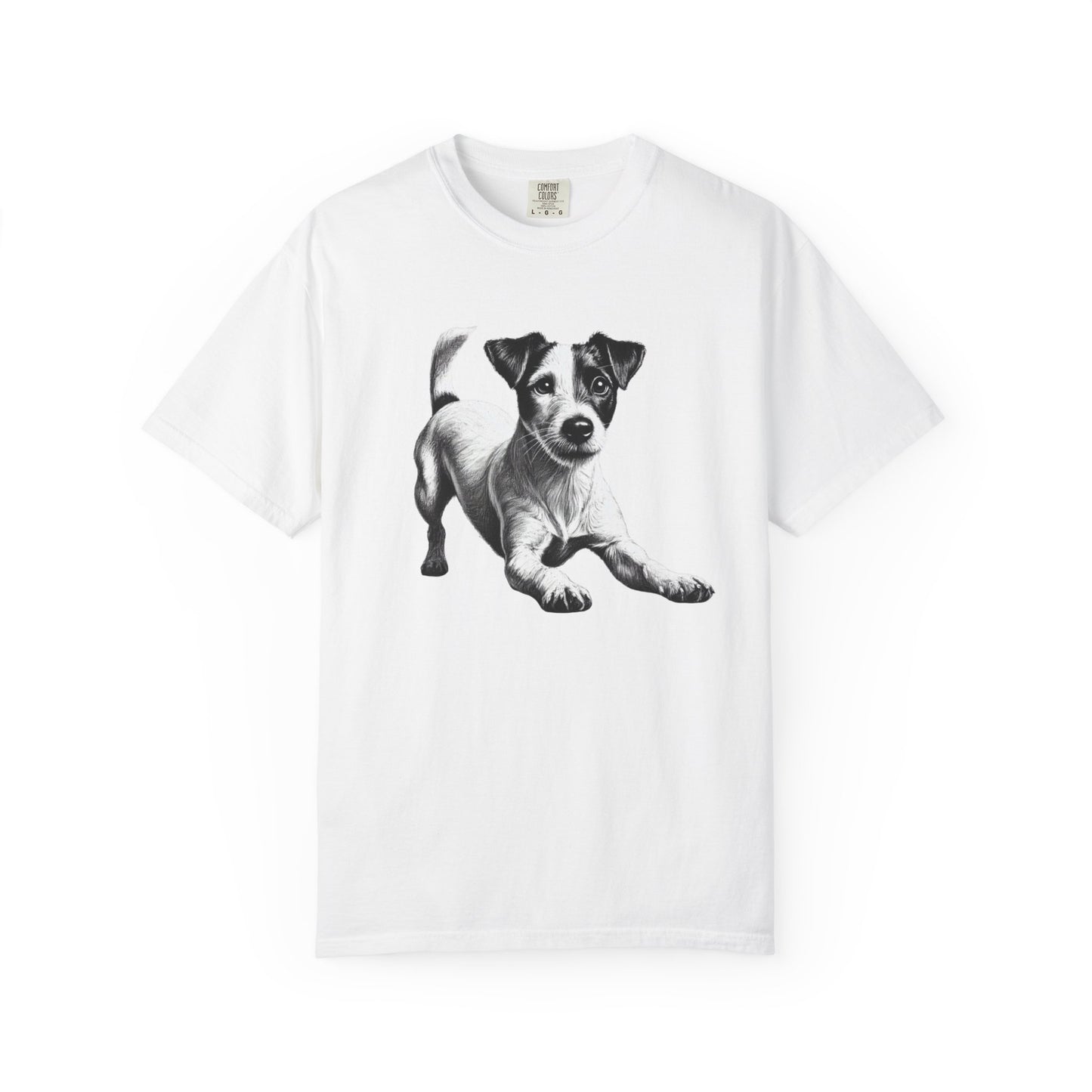 Jack Russell Puppy Graphic T-Shirt — Playful Dog Tee with Paw Print Back