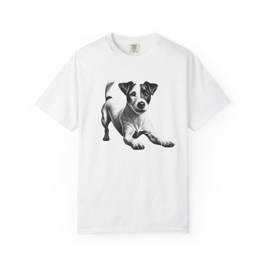 Jack Russell Puppy Graphic T-Shirt — Playful Dog Tee with Paw Print Back