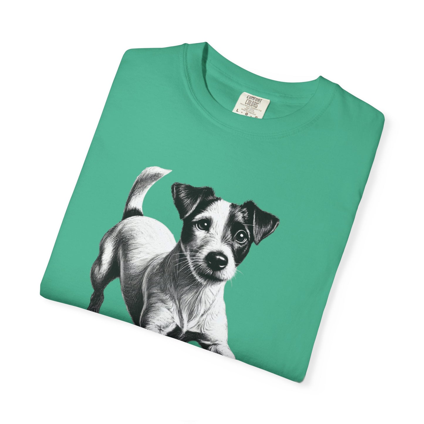 Jack Russell Puppy Graphic T-Shirt — Playful Dog Tee with Paw Print Back
