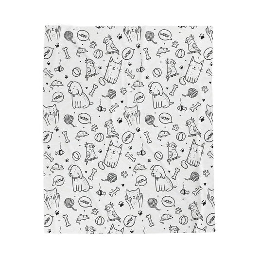 Plush Blanket — Black & White Cat Silhouette Pattern Velveteen Throw