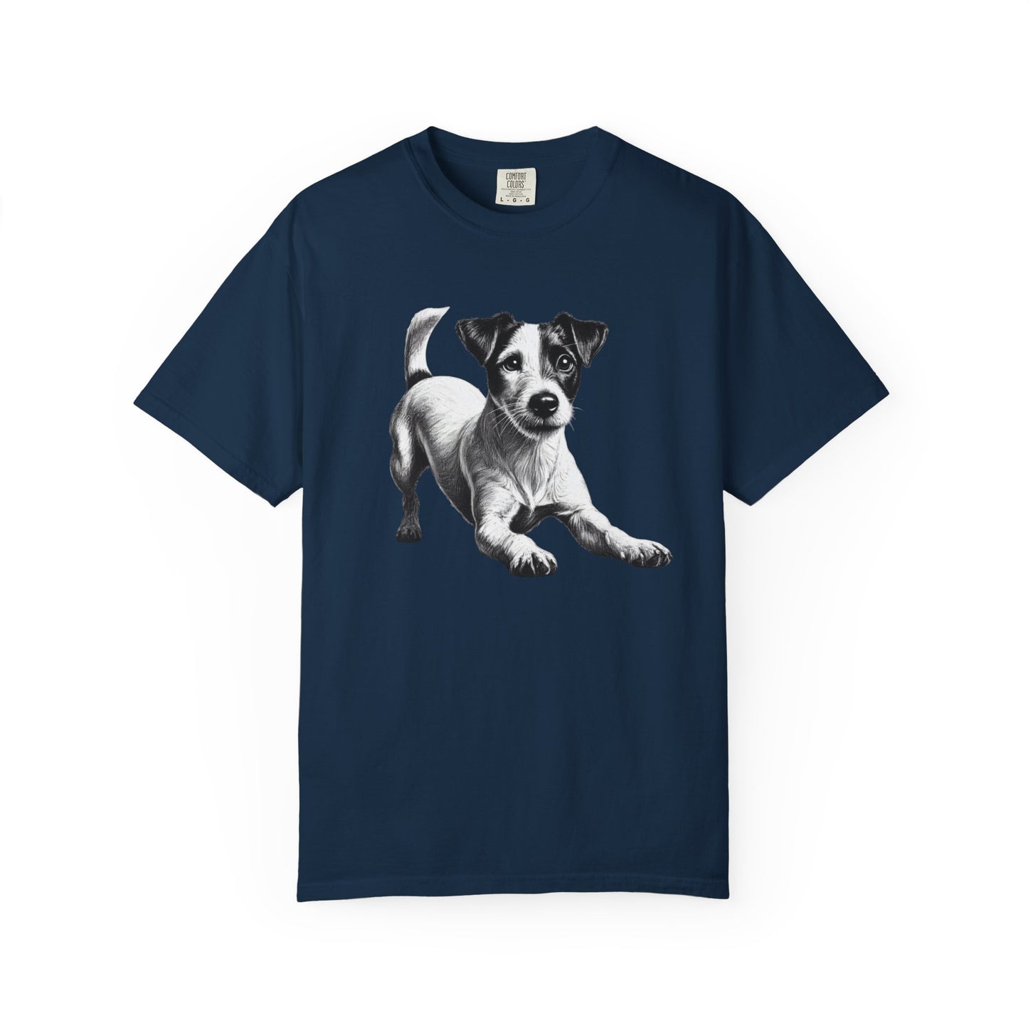 Jack Russell Puppy Graphic T-Shirt — Playful Dog Tee with Paw Print Back