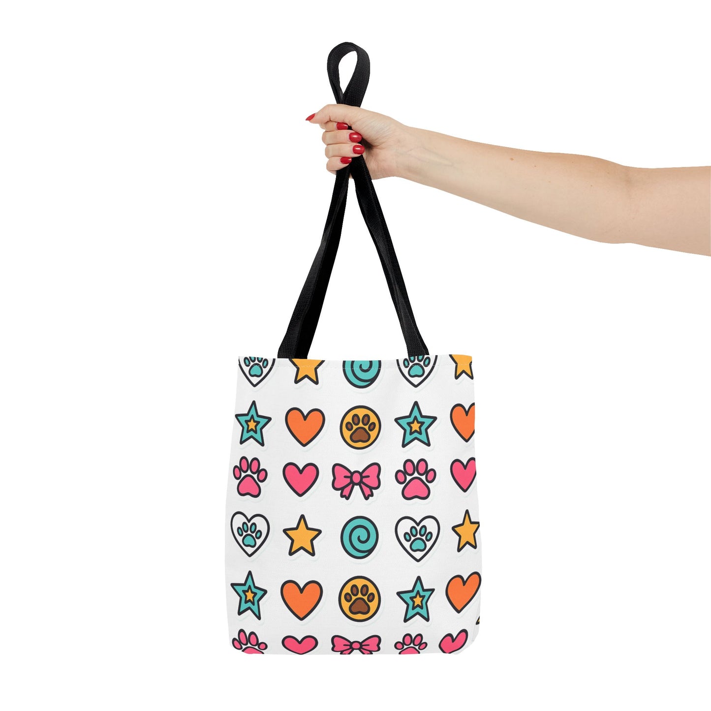 Cute Paw Print Pattern Tote Bag – Colorful Hearts, Stars & Bows All-Over Print