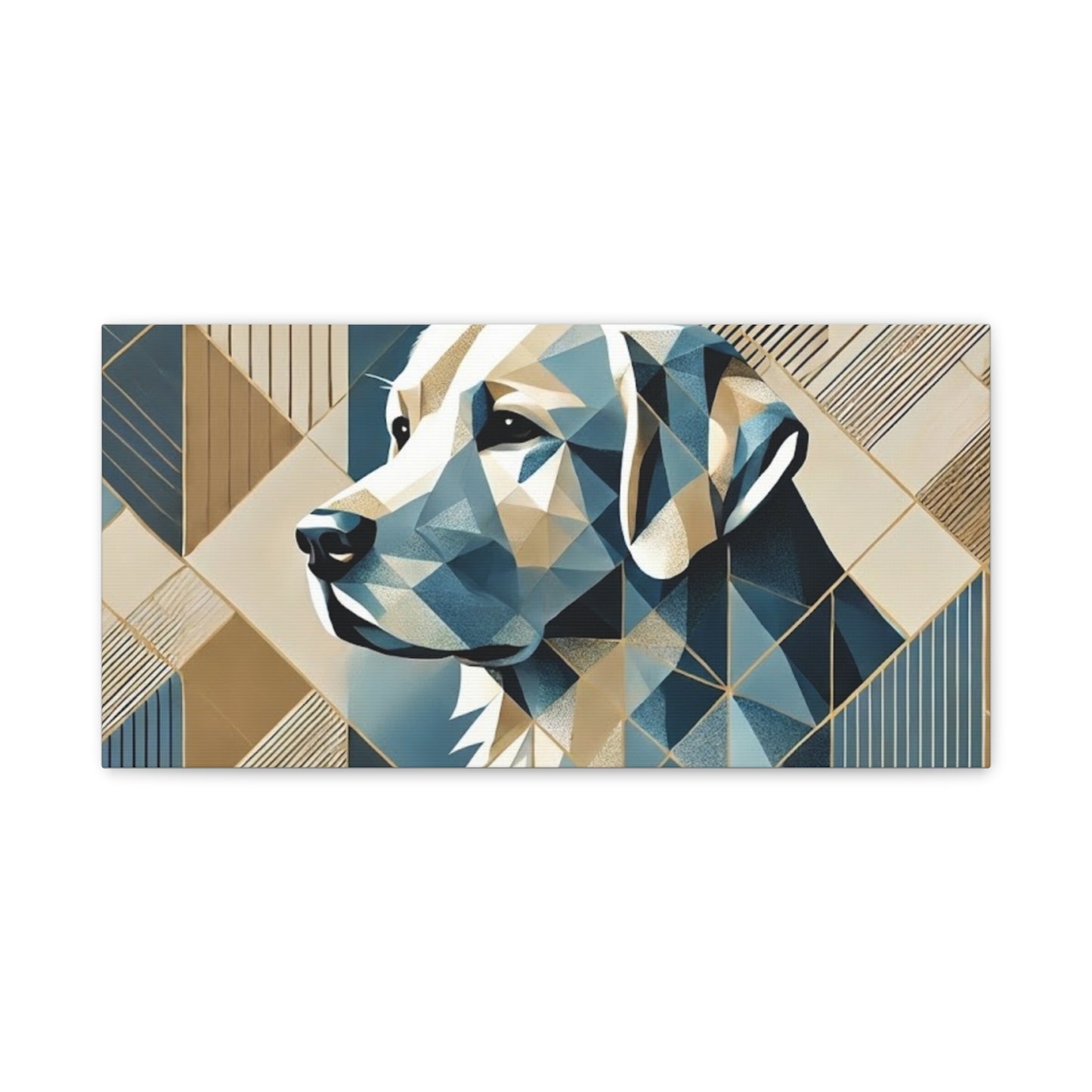 Geometric Labrador Canvas Wall Art — Modern Blue & Gold Dog Portrait, Stretched Matte Canvas