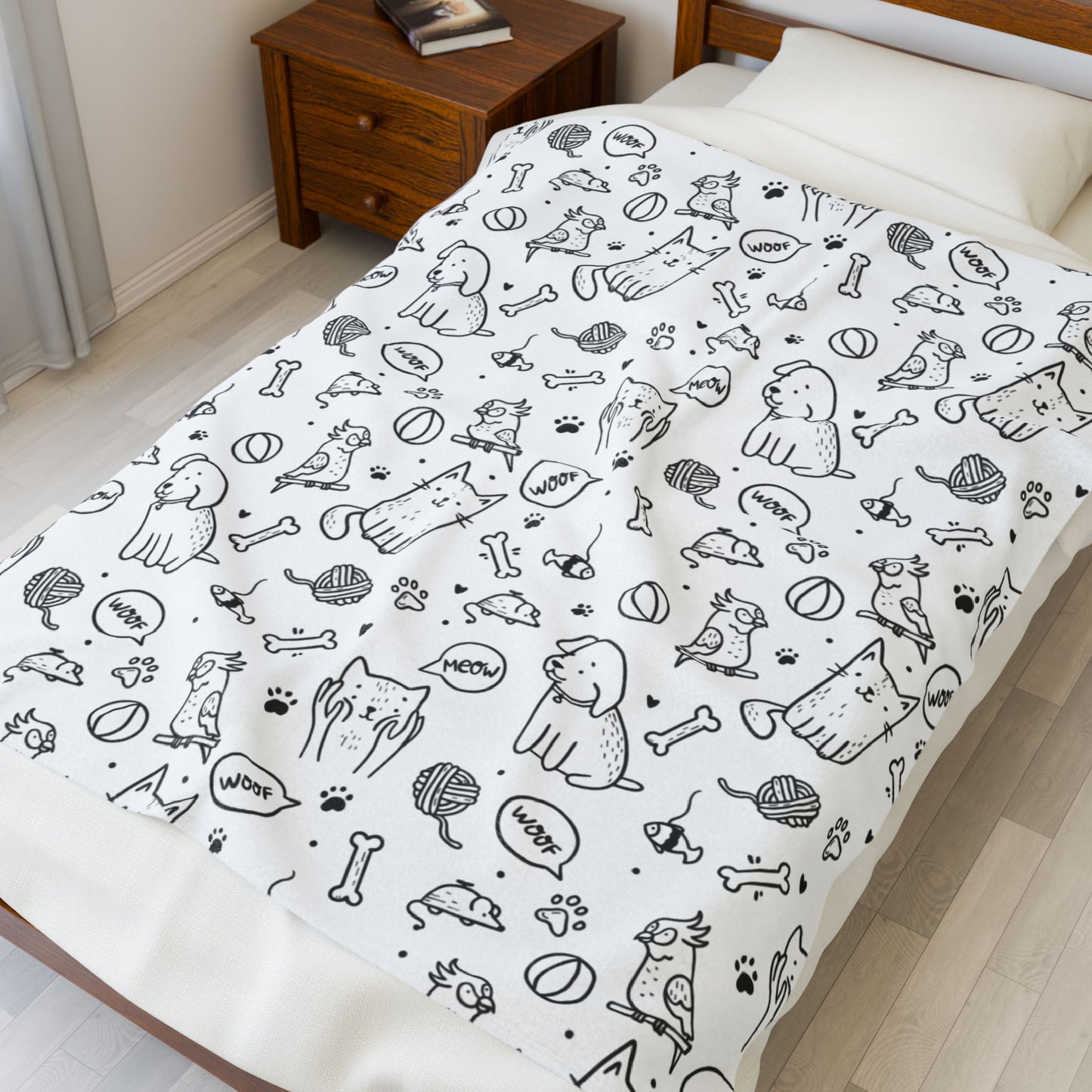 Plush Blanket — Black & White Cat Silhouette Pattern Velveteen Throw