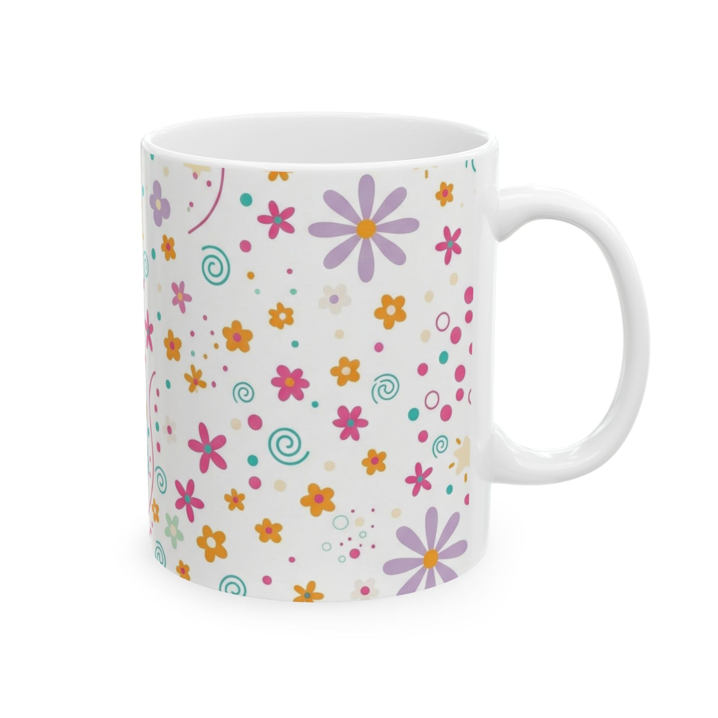 Floral Cat Ceramic Mug – Cute Pastel Kitty & Doodle Flowers (11oz, 15oz)