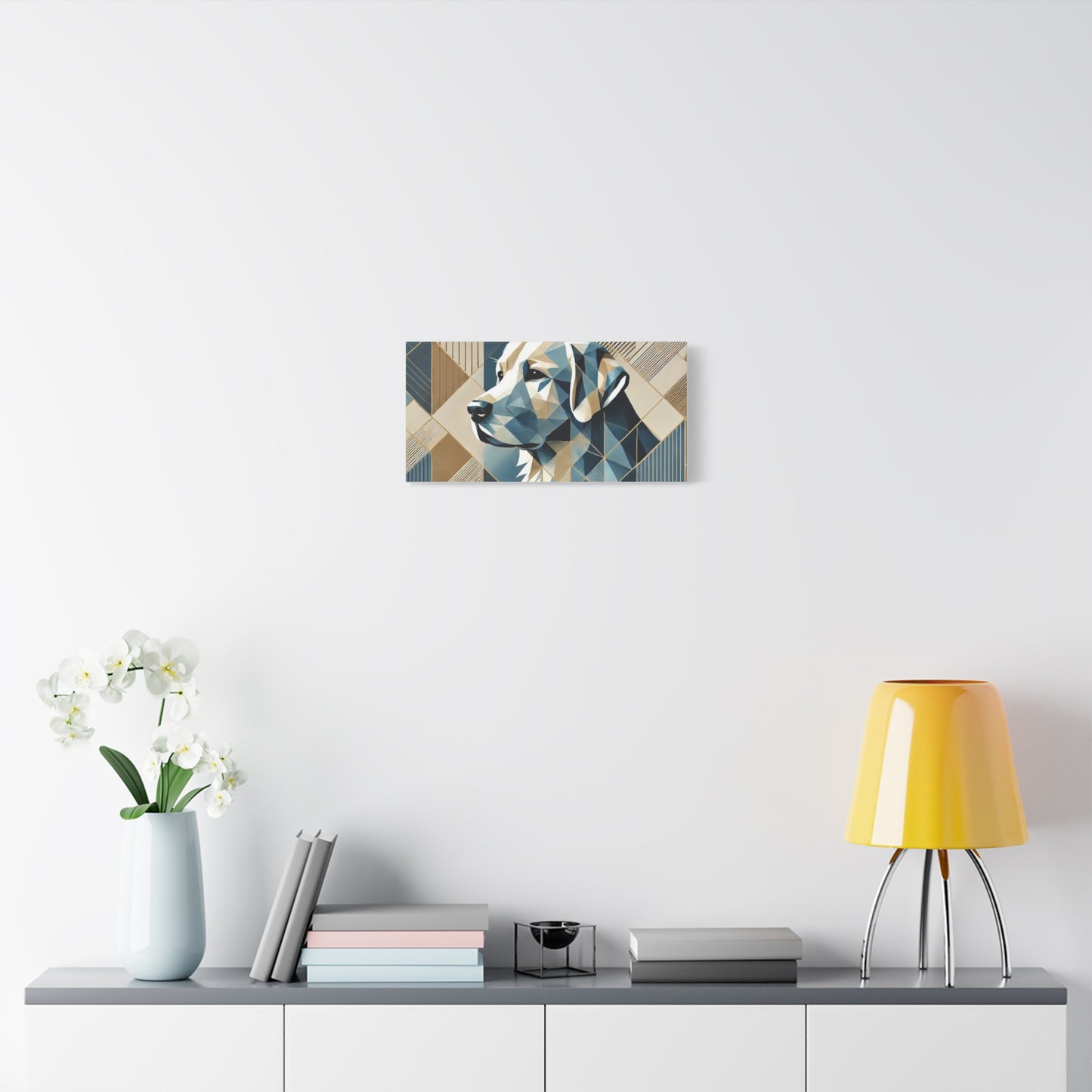 Geometric Labrador Canvas Wall Art — Modern Blue & Gold Dog Portrait, Stretched Matte Canvas