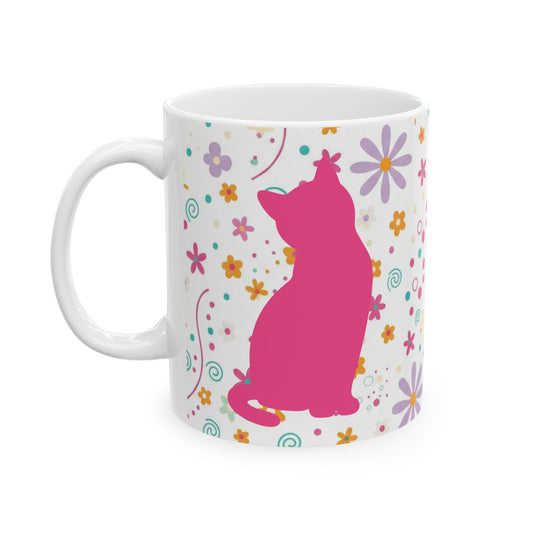 Floral Cat Ceramic Mug – Cute Pastel Kitty & Doodle Flowers (11oz, 15oz)