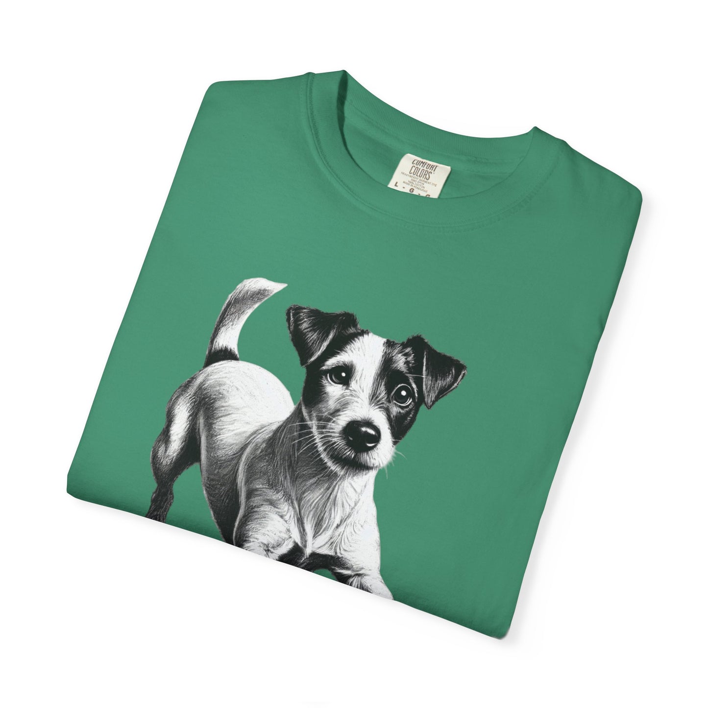 Jack Russell Puppy Graphic T-Shirt — Playful Dog Tee with Paw Print Back