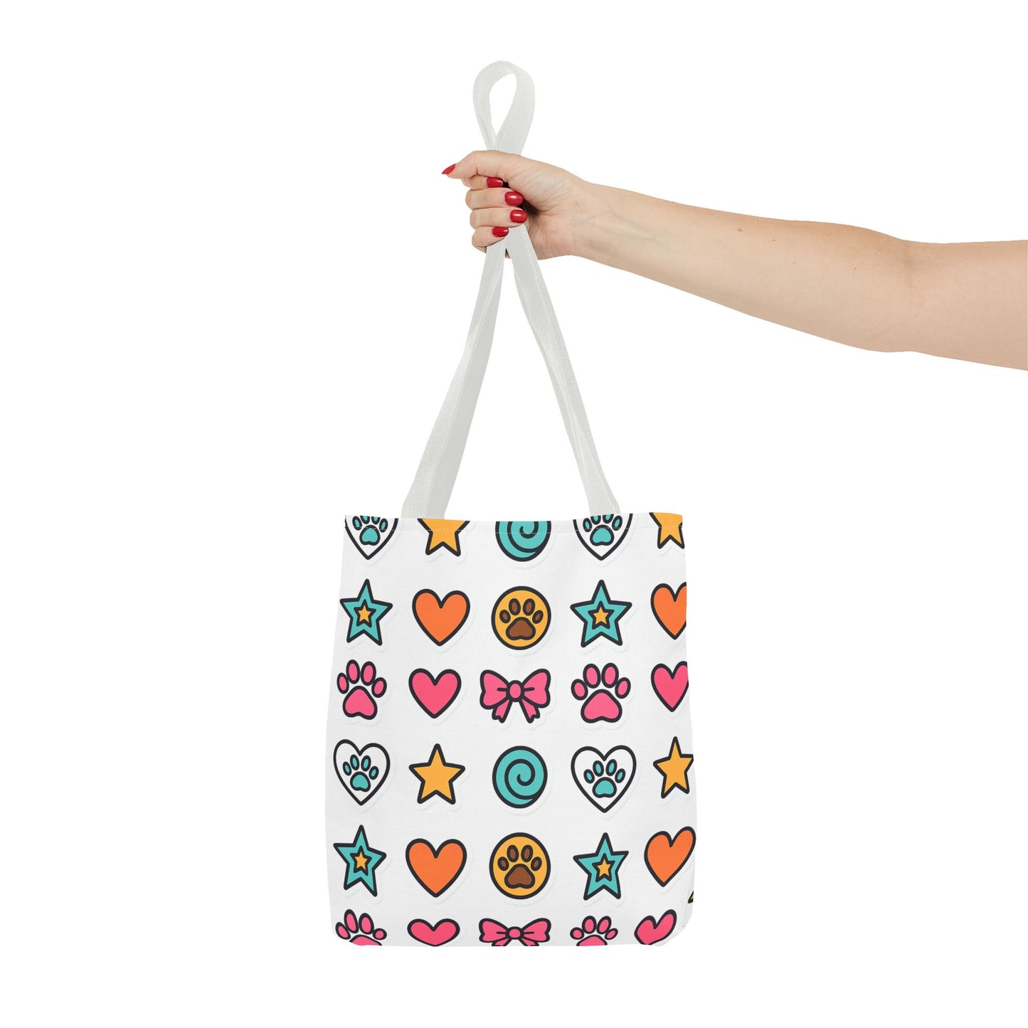 Cute Paw Print Pattern Tote Bag – Colorful Hearts, Stars & Bows All-Over Print