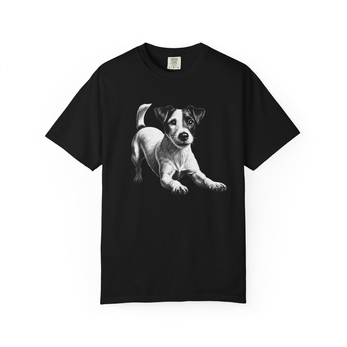 Jack Russell Puppy Graphic T-Shirt — Playful Dog Tee with Paw Print Back