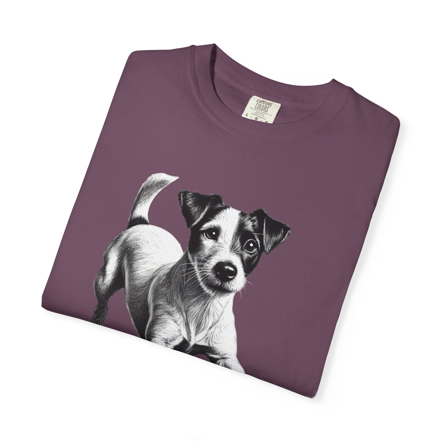 Jack Russell Puppy Graphic T-Shirt — Playful Dog Tee with Paw Print Back