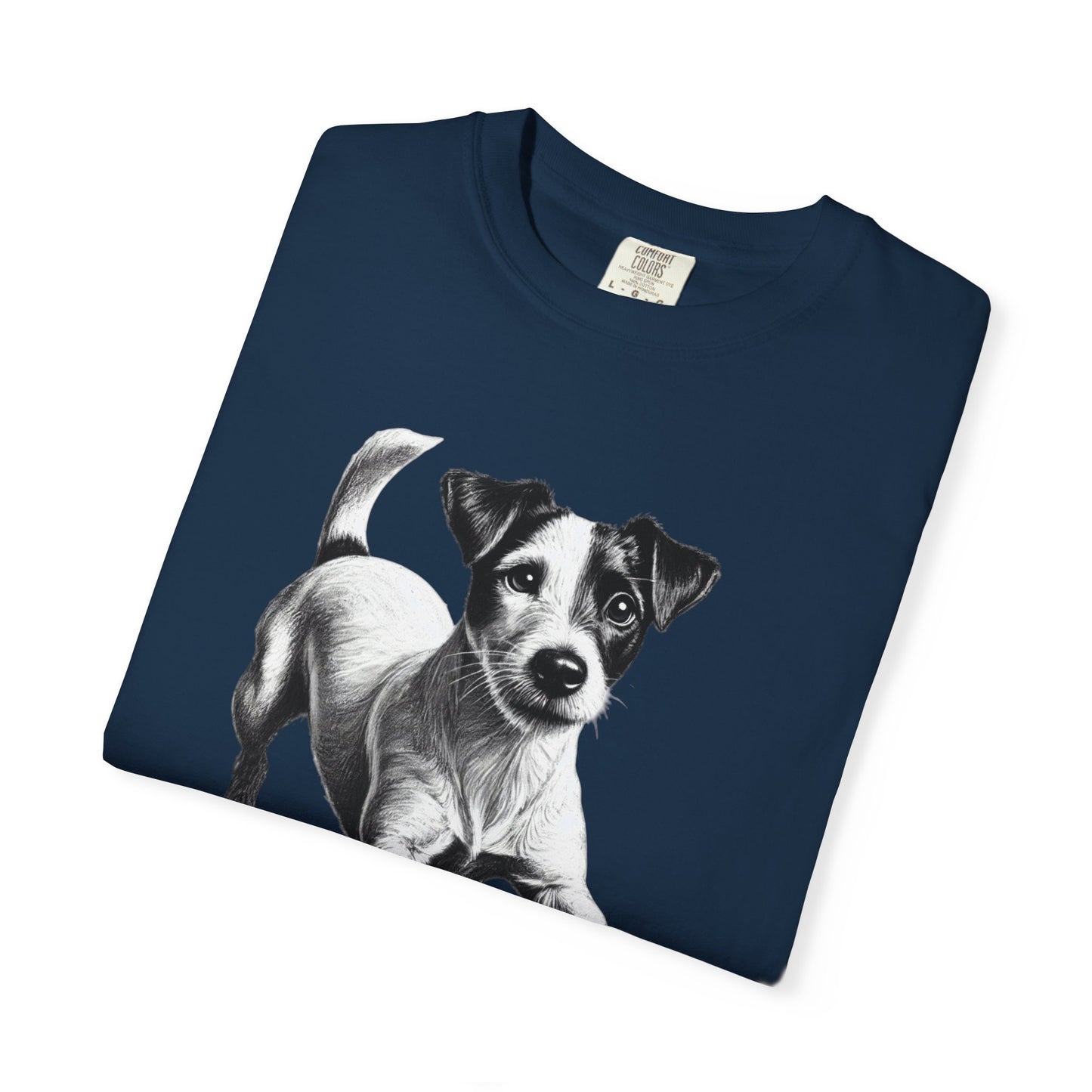 Jack Russell Puppy Graphic T-Shirt — Playful Dog Tee with Paw Print Back