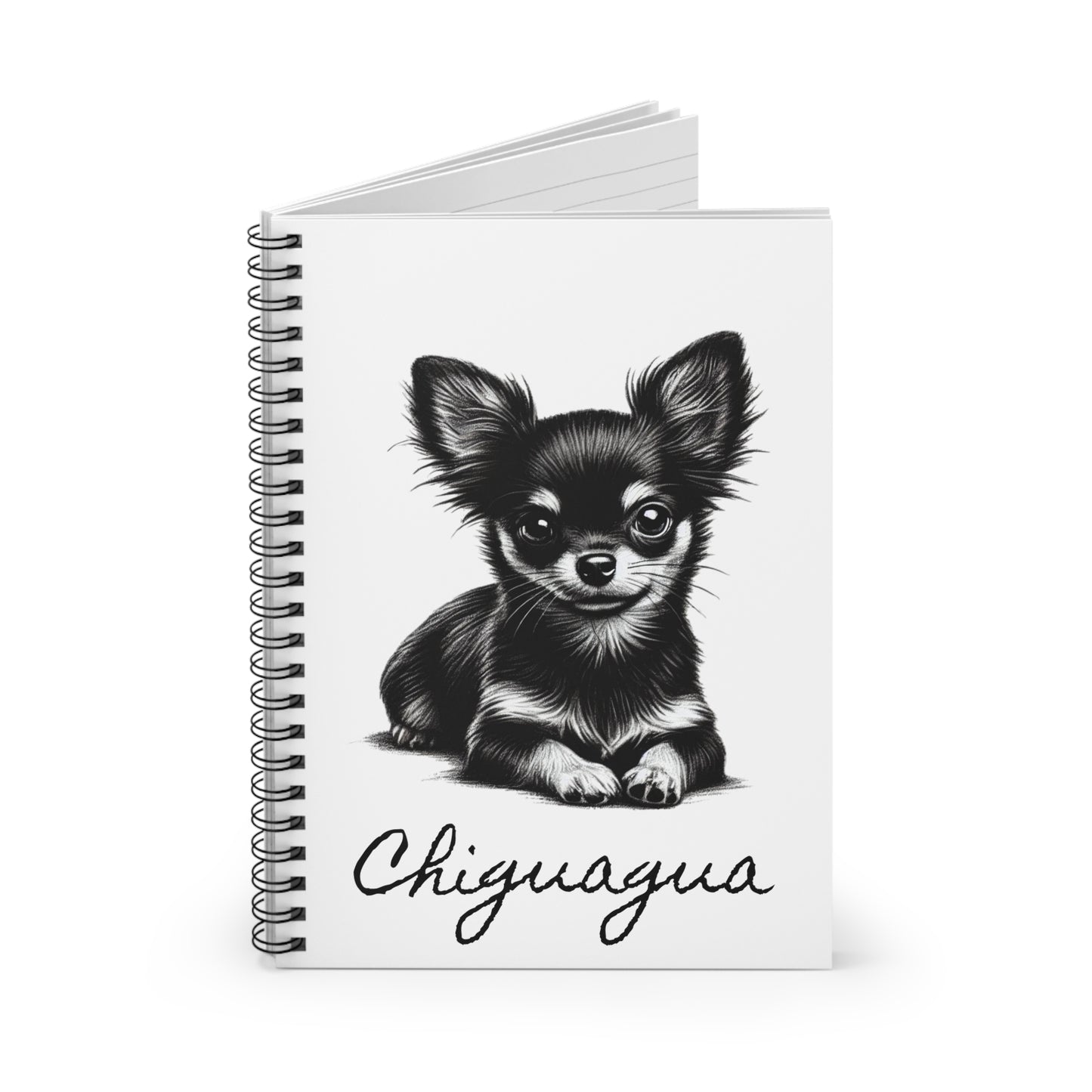 Chihuahua Spiral Notebook — Cute Black & White Dog Illustration, Ruled Journal for Pet Lovers
