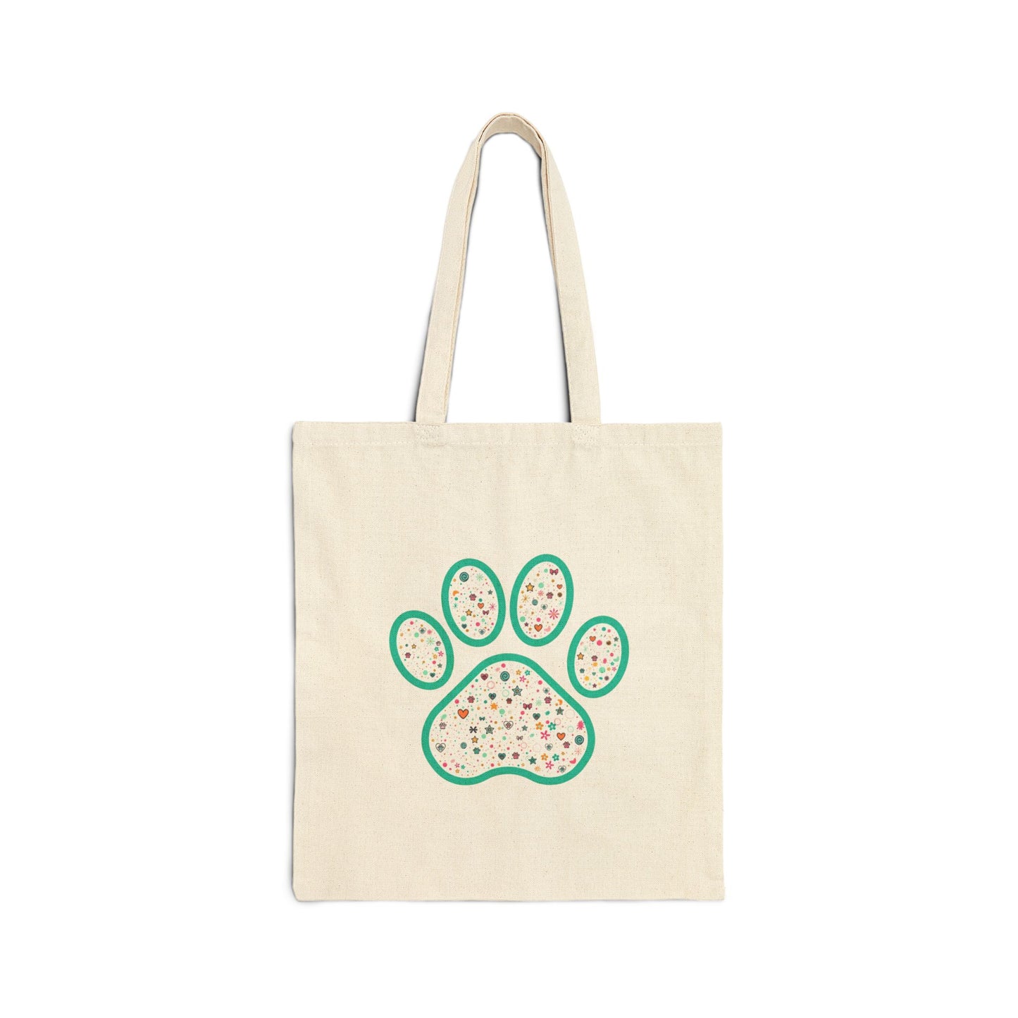Canvas Tote Bag — Green Paw Print with Confetti Dots, Cute Pet Lover Grocery & Gift Tote