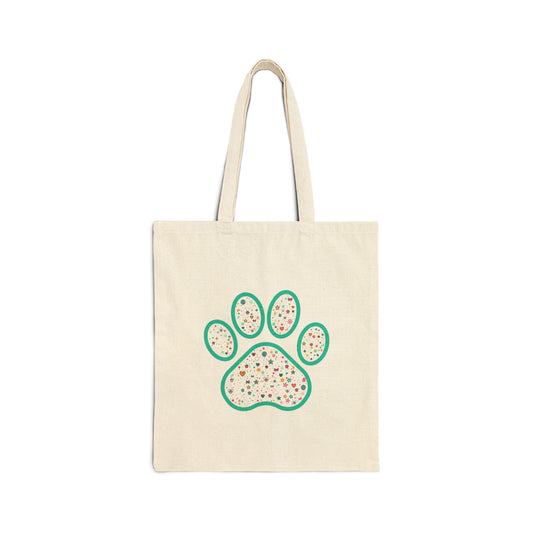 Canvas Tote Bag — Green Paw Print with Confetti Dots, Cute Pet Lover Grocery & Gift Tote