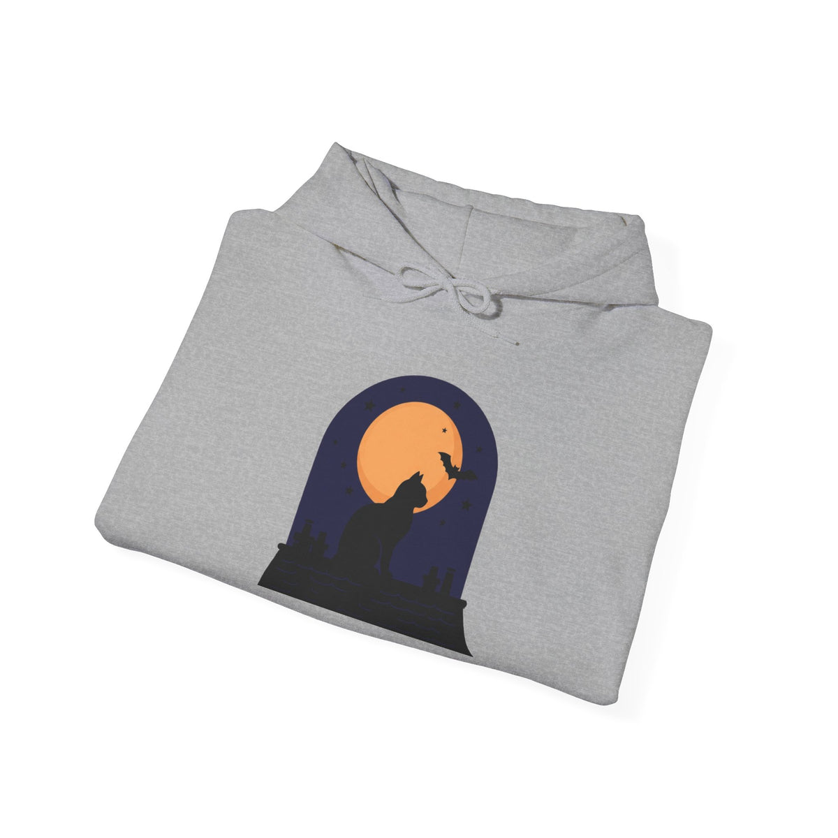 Black Cat Moon Silhouette Hoodie — Halloween Rooftop Scene