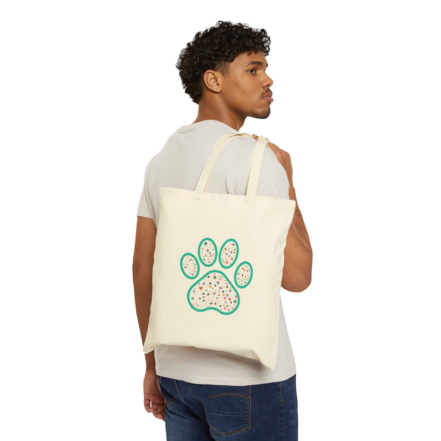 Canvas Tote Bag — Green Paw Print with Confetti Dots, Cute Pet Lover Grocery & Gift Tote